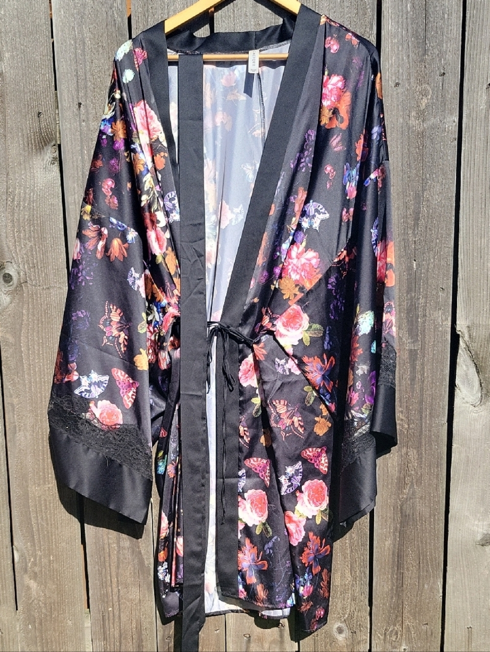 Cacique Black Satin Floral Kimono‎ with Tie Belt